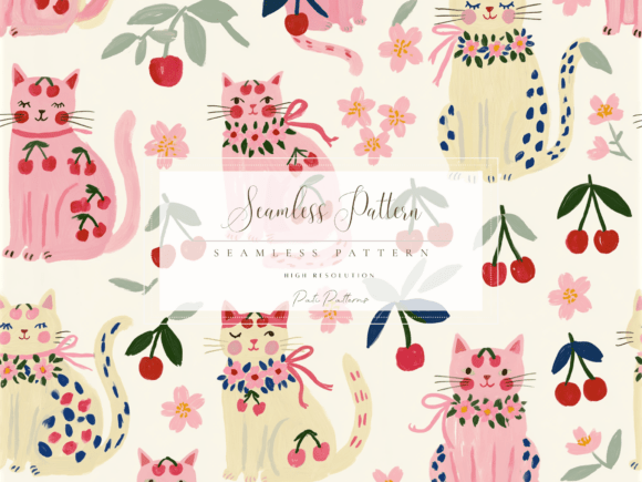 Download Cute Cherry Cat Seamless Pattern PNG for Kids - For kids Collection
